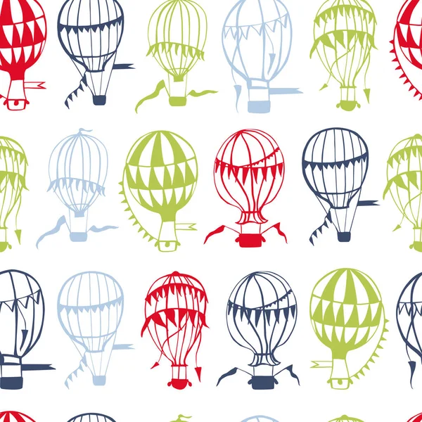 Hand Drawn Hot Air Balloons Vector Seamless Pattern — Stock Vector