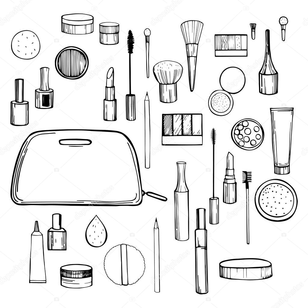 Hand drawn decorative cosmetics for makeup.Vector sketch  illustration.