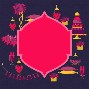 Hint düğünü. Düğün çiçekleri, pasta, gelin buketi. Vektör çerçevesi