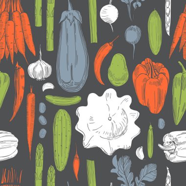Arka planda elle çizilmiş sebzeler. Vektörsüz desen