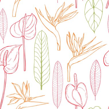 El çizimi tropik çiçekler. Vektörsüz desen .