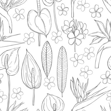 El çizimi tropik çiçekler. Vektörsüz desen .