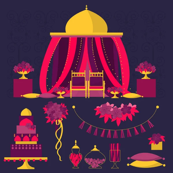 Hint düğünü. Çiçekli düğün kemeri, pasta, gelin buketi. Vektör illüstrasyonu.