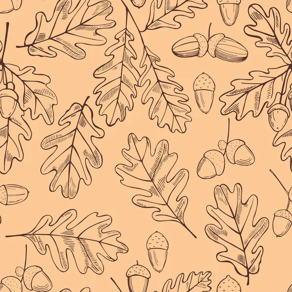 Motif Vectoriel Sans Couture Avec Feuilles Glands Chêne Dessinés Main — Image vectorielle