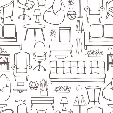 Furniture, lamps and plants for the home. Vector  seamless pattern clipart