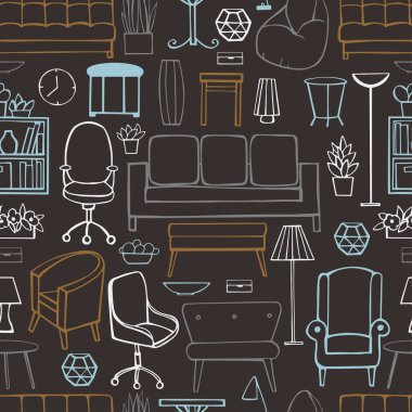 Furniture, lamps and plants for the home. Vector  seamless pattern clipart