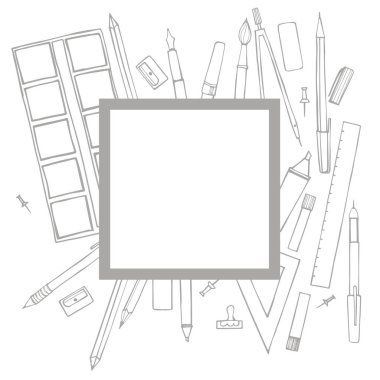 Kırtasiyeli vektör çerçevesi. Kalem, kalem, boya, pusula. Vektör çizimi çizimi 