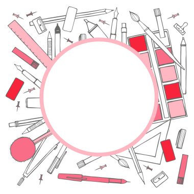 Kırtasiyeli vektör çerçevesi. Kalem, kalem, boya, pusula. Vektör çizimi çizimi 