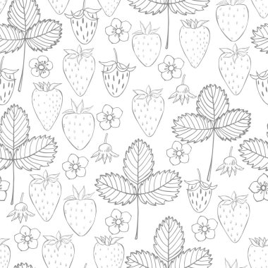 Çilekli, pürüzsüz bir desen. Meyveler, çiçekler, yapraklar. 