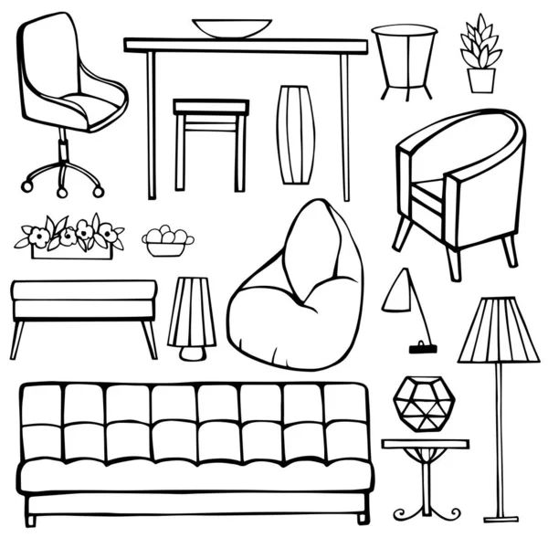 Möbel Lampen Und Pflanzen Für Hause Vektorskizze Als Illustration — Stockvektor