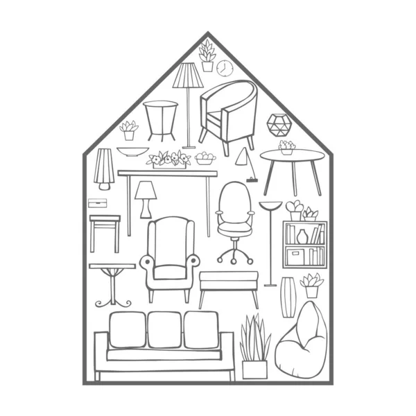 Meubles Lampes Plantes Pour Maison Maison Meubles Illustration Croquis Vectoriels — Image vectorielle