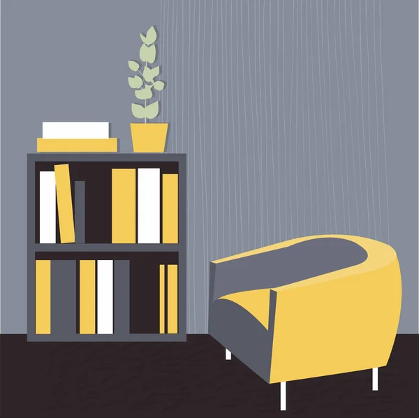 肘掛け椅子と本の棚 リビングルーム ベクターイラスト — ストックベクタ