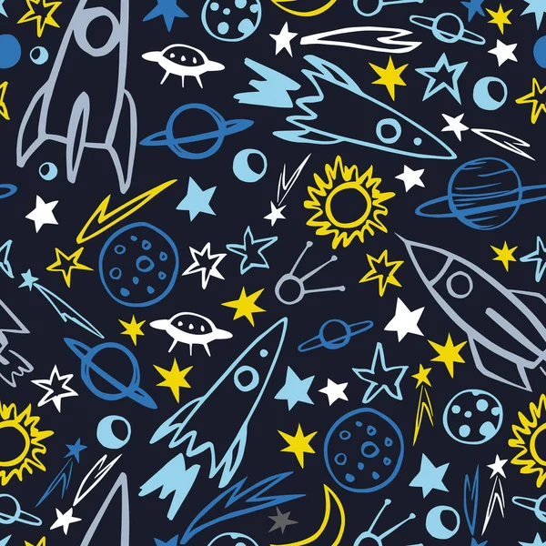 Hand Drawn Space Objects Planets Comets Rockets Vector Seamless Pattern — Stock Vector