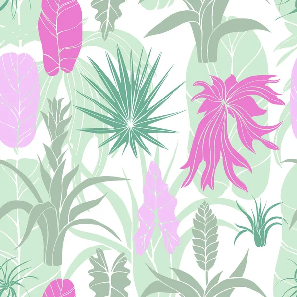 Hand Drawn Tropical Plants Leaves Flowers Vector Seamless Pattern — Stock Vector