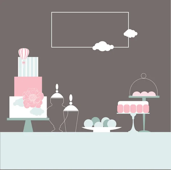 结婚糖果条与蛋糕和鲜花 甜点桌 矢量说明 — 图库矢量图片