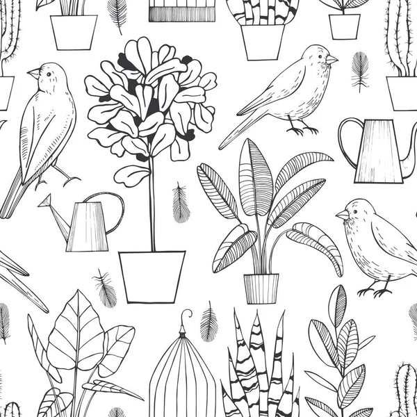 手描きの植物や鳥とベクトルシームレスパターン — ストックベクタ