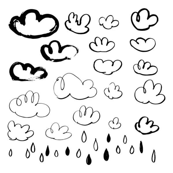 手描きの雲や雨滴 ベクトルスケッチイラスト — ストックベクタ