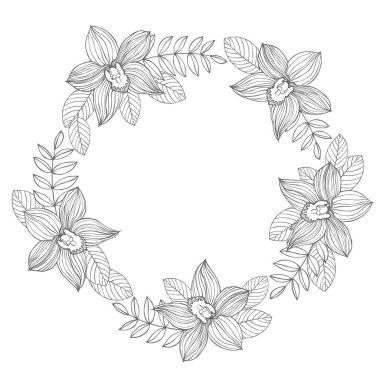 El çizimi orkideli çiçek çelengi. Vektör çizimi çizimi