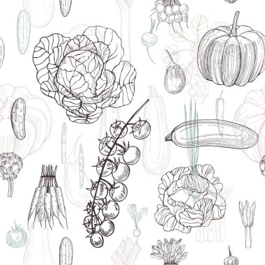 Beyaz arka planda elle çizilmiş sebzeler. Vektörsüz desen