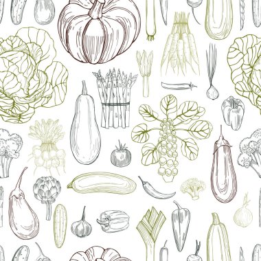 Beyaz arka planda elle çizilmiş sebzeler. Vektörsüz desen
