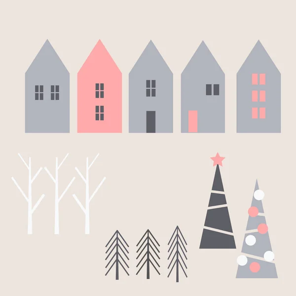 Casas Árboles Navidad Invierno Ilustración Vectorial — Vector de stock