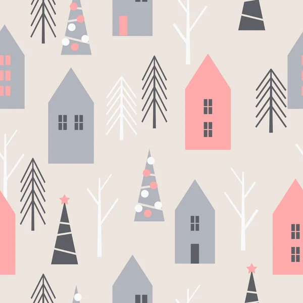 Padrão Natal Inverno Com Casas Árvores Padrão Sem Costura Vetorial — Vetor de Stock