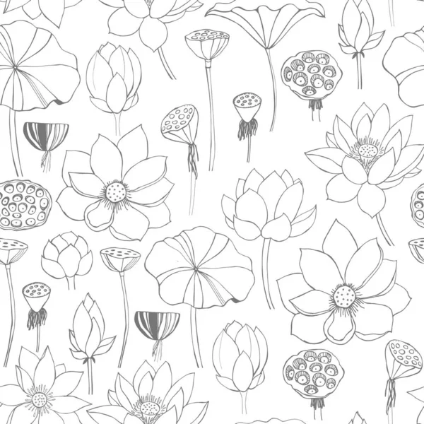 Bloemen Vector Naadloos Patroon Met Hand Getrokken Lotus Bloemen Bladeren — Stockvector