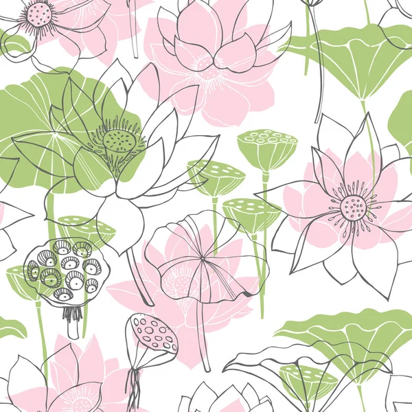手描き蓮の花や葉と花ベクトルシームレスパターン — ストックベクタ