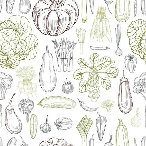 Kézzel Rajzolt Zöldségek Fehér Háttérrel Vektor Zökkenőmentes Minta — Stock Vector