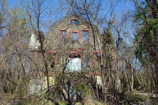 Facade Ruined Building Woods Overgrown Weeds Trees Vines — Stock Photo, Image