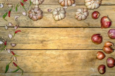 yukarıdan görünümü Sağlıklı sebzeler Garden Shallot Tay Sarımsak Tay kuş biber arka plan