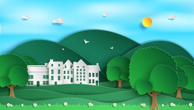 Manzara manzarası. Ve doğa orman yeşili manzarası. ve Yeşil Eko Şehri. ve çevresel koruma ve kağıt kesiği ya da origami tarzı. ve arkaplan.