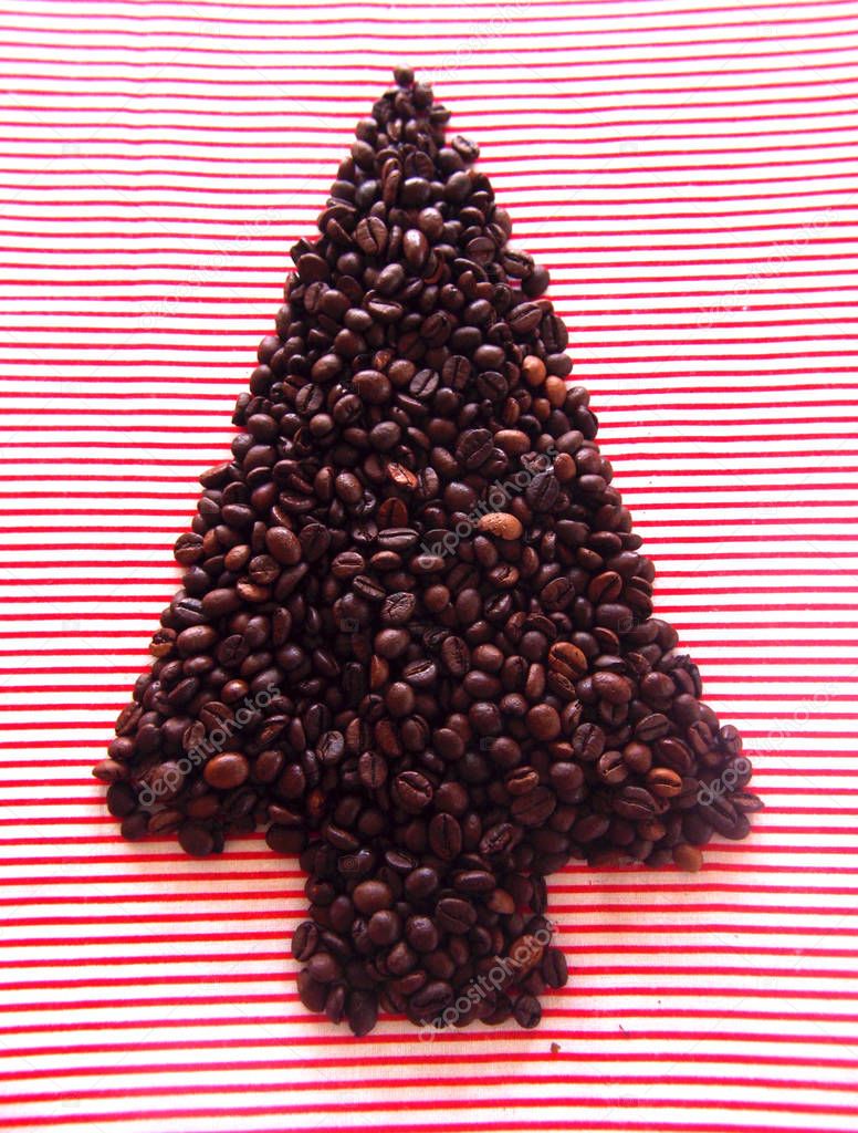 Christmas tree with coffee on a background in white red stripes