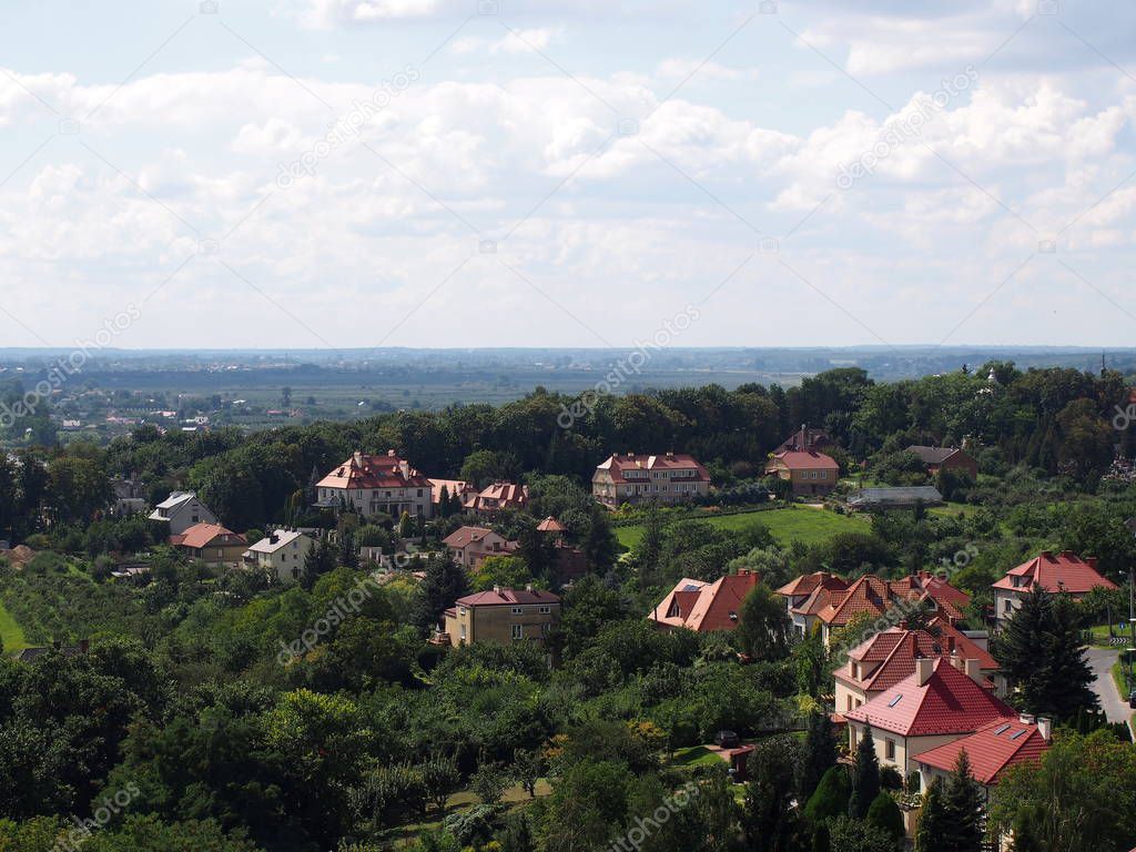 Sandomierz, sightseeing of the Polish city, view from above, summer afternoon.