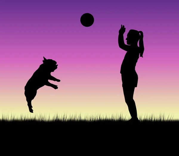 Fransk bulldog och flicka spelar volleyboll — Stockfoto