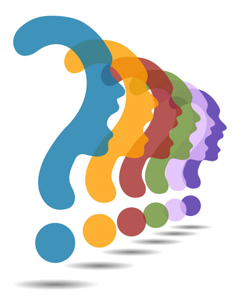 Цветной знак вопроса символ силуэт девушки, общение или крик
