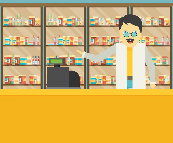 Male pharmacist at the counter in a pharmacy — Stock Vector