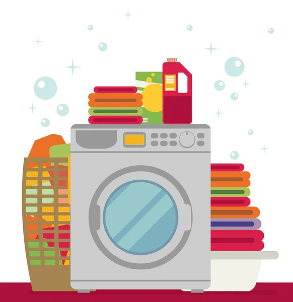 Máquina de lavar roupa com lavandaria — Vetor de Stock