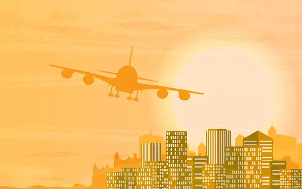 Avión volando sobre ciudad urbana — Vector de stock