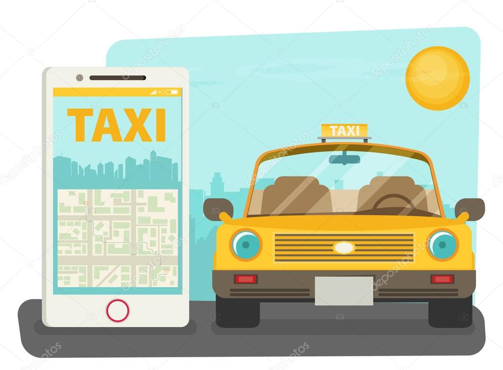 Taxi service. Smartphone, city skyscrapers. 