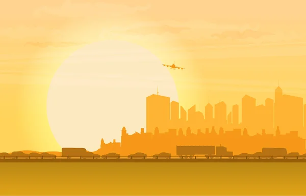 Illustration avec avion décollant au coucher du soleil . — Image vectorielle