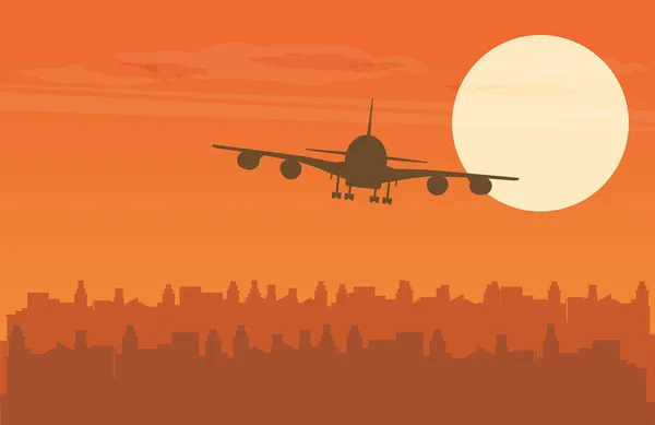 Ilustración con avión despegando al atardecer . — Vector de stock