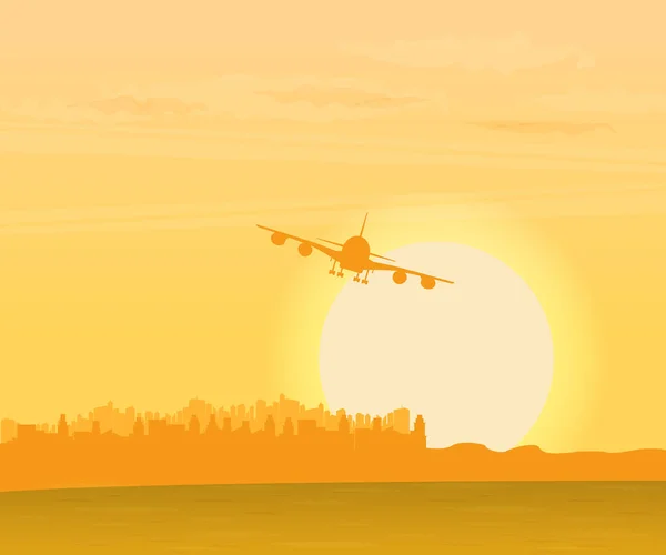 Illustration mit startendem Flugzeug bei Sonnenuntergang. — Stockvektor