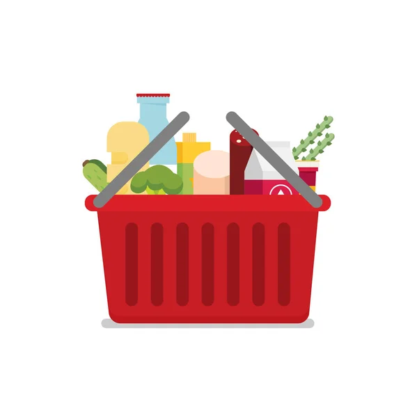 Shopping Basket Fresh Food Drink Buy Grocery Supermarket Vector Flat — Stock Vector