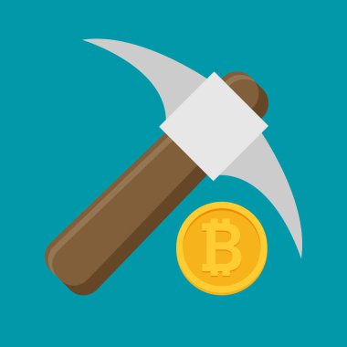 Kazma ve madeni para düz vektörü ile Bitcoin madencilik kavramı