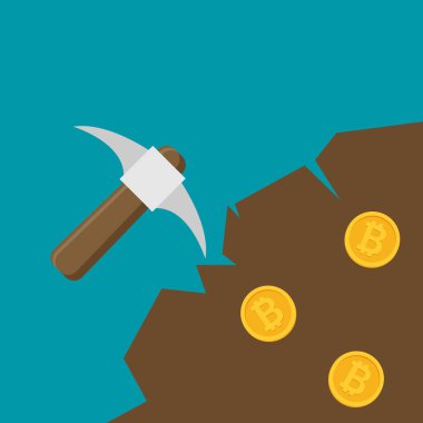 Kazma ve madeni para düz vektörü ile Bitcoin madencilik kavramı