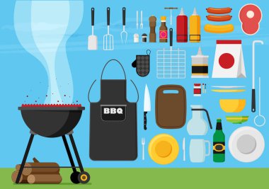 Vektör düz Barbekü araçları kümesi.