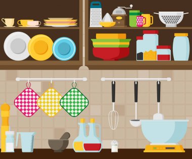 Mutfak düz stil iç, vektör çizim 