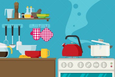 Mutfağın içi, ocağın tavaları, yemek pişirme. Düz biçimli vektör illüstrasyonu