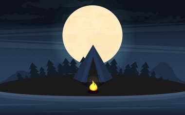 Ormanda geceleri kamp. Düz stil illüstrasyon